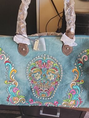 Montana West Teal Embroidered Sugar Skull Tote